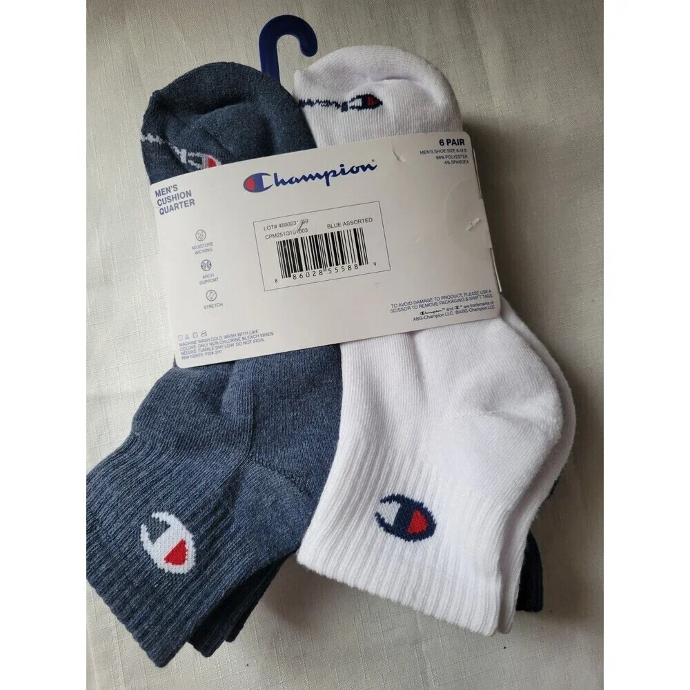 Champion Mens Quarter Ankle Multi SporSocks -6 Prs  Athleticwear Size 6-12 Black